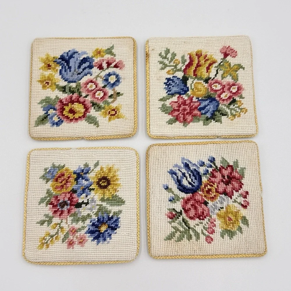 VTG Needlepoint Floral Coasters Set of 4 Handmade Needlepoint Square Drink Mats